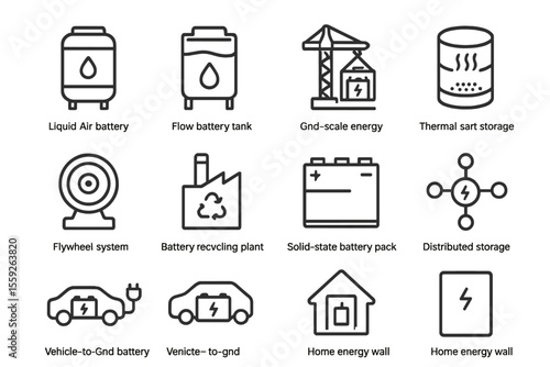 Energy storage icons: battery, thermal, solid-state, distributed, flywheel