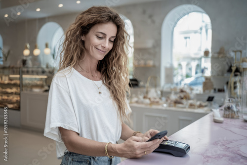 Customer paying contactless with mobile phone in pastry shop