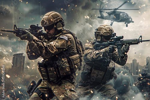 Us army soldiers engaging enemy during urban warfare with helicopter support