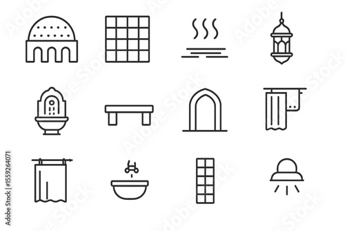 Traditional middle eastern bathhouse icons set on dark background