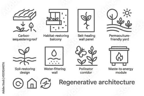 Regenerative architecture concepts illustrated with eco-friendly design icons