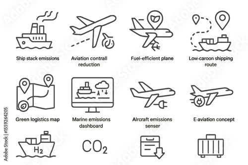Icons illustrating emissions reduction in aviation and shipping industries