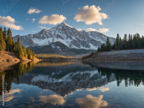 Crystal-clear mountain lake with perfect reflection of snow-capped peaks and pine trees, sunrise, ultra-realistic