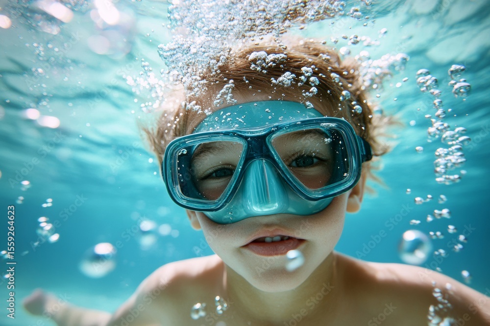 Naklejka premium Bright underwater atmosphere shows a child wearing goggles, playfully swimming and creating bubbles. The joyful energy is evident as the child interacts with water in a pool