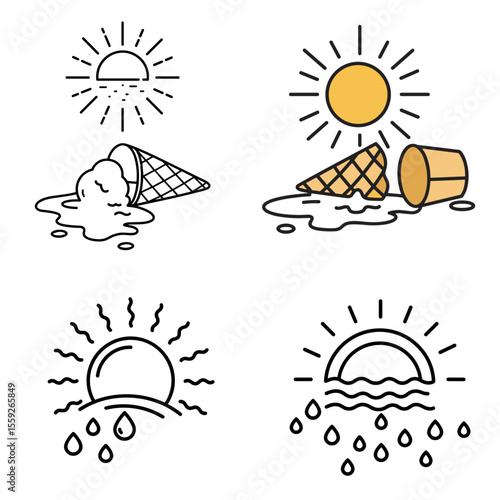 Melting ice cream and sun icons in summer heat set