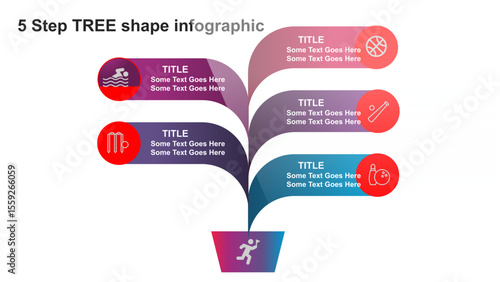 5 Step TREE shape infographic. Fully editable vector SVG file compatible with PowerPoint, Illustrator, and most vector-based applications.