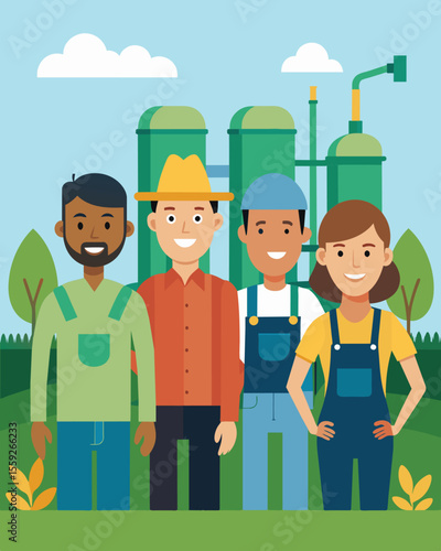 A family of friendlylooking farmers standing proudly in front of a biodiesel plant using crops grown on their land to produce a sustainable fuel source.. Vector illustration