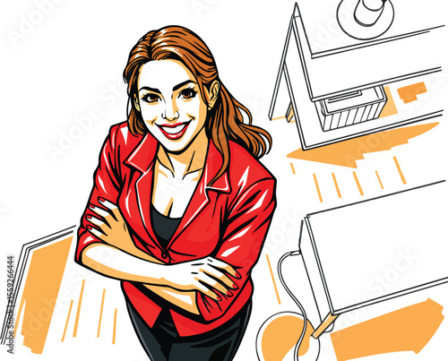 Confident Woman in Red Blazer Standing in Stylized Office Scene