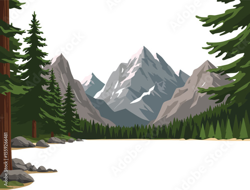 Mountain landscape with tall pine trees and rocky peaks in natural wilderness vector illustration