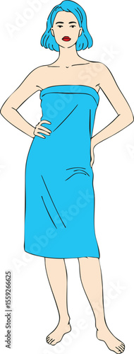 Woman with blue hair wearing blue towel standing barefoot confident pose vector illustration