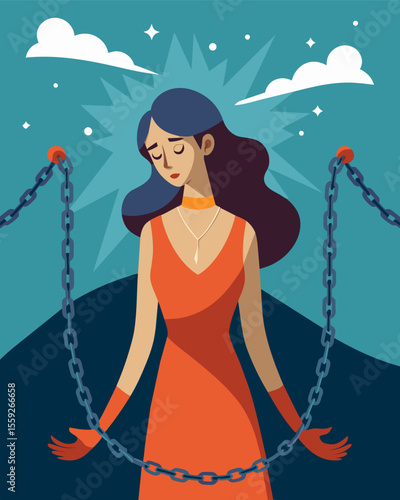 She could feel the invisible chains of societal expectations wrapping around her constraining her every move.. Vector illustration