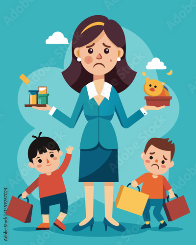 A mother struggling to provide for her children after being laid off from her job due to economic downturn caused by excessive consumerism.. Vector illustration
