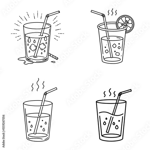 Set of steaming drinking glasses with straws and ice
