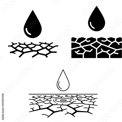 Set of water drops falling on dry cracked soil icons