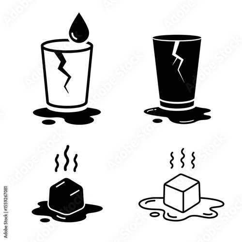 Set of cracked glasses and melting ice cubes icons