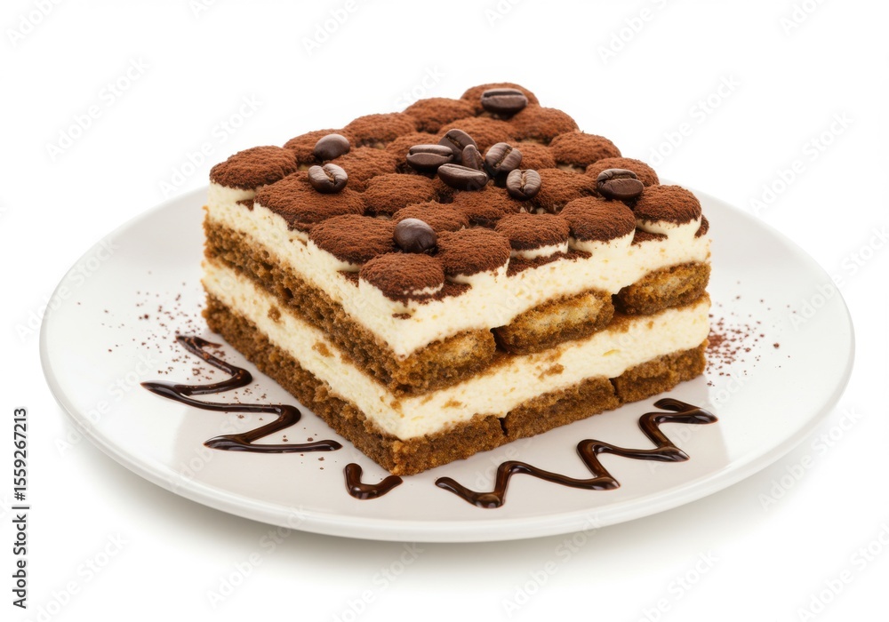A square piece of tiramisu dessert with coffee beans is isolated on white background A square piece of tiramisu dessert with coffee beans is isolated on white background