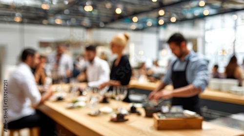 Busy restaurant kitchen with diverse chefs and servers in action