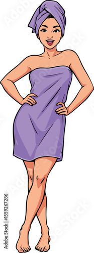 Woman wrapped in purple towel and matching head wrap standing confidently after shower or bath beauty and hygiene vector illustration