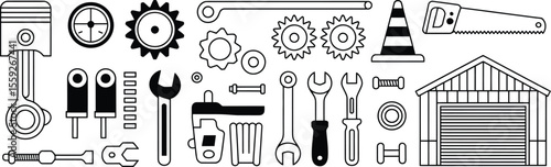Vector Industrial Tools Collection: Mechanic & Garage Equipment Line art.