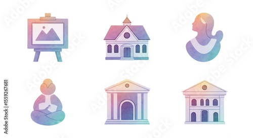Watercolor icons representing art and culture