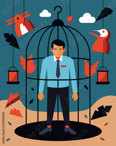 He was stuck in a cage of manipulation and emotional abuse held captive by the smoothtalking words of his abuser.. Vector illustration