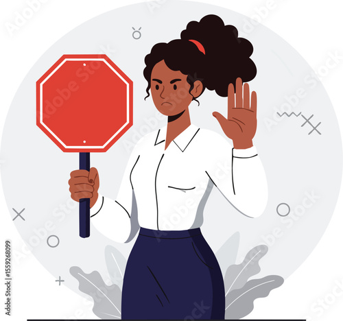 Woman holding stop sign making hand gesture for refusal or warning in business attire vector illustration