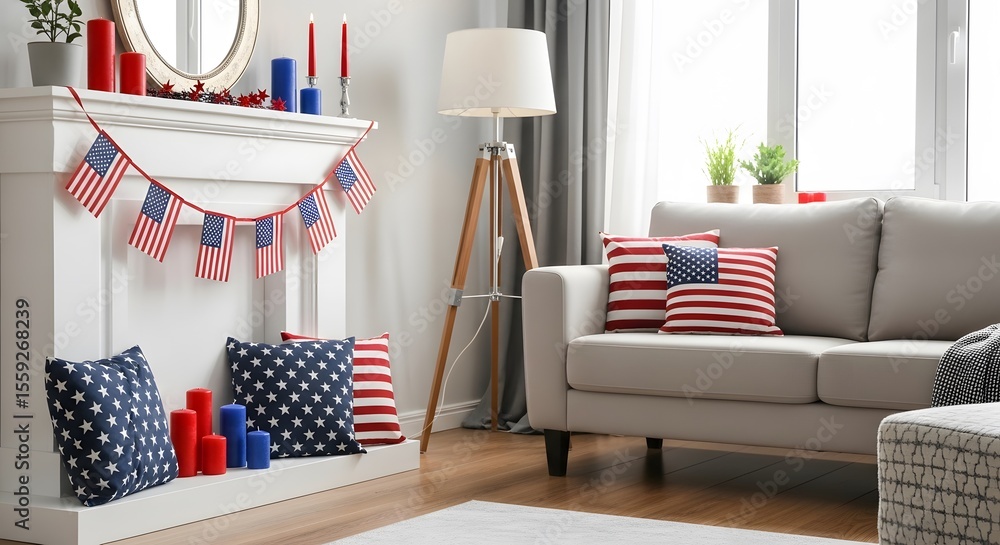 Fototapeta premium Patriotic Home Decor Cozy Living Room with American Flag Theme