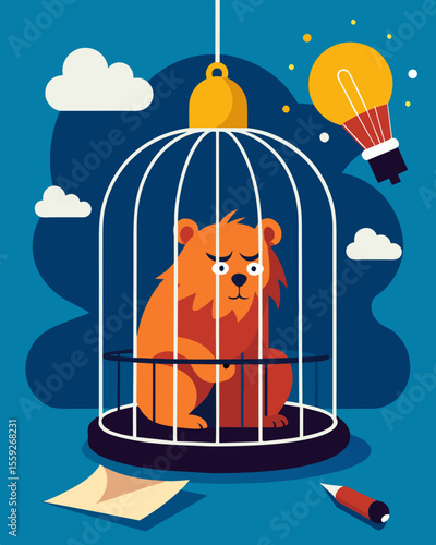 Ideas struggling to break free caught in a mental bear of writers block.. Vector illustration