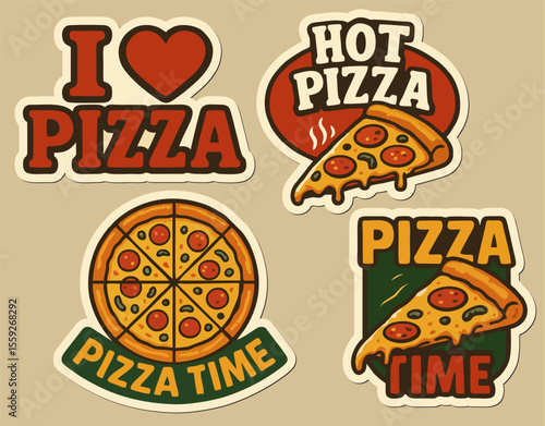 Vintage retro stickers featuring pizza slice, whole pizza, and slogans like "I Love Pizza" and "Pizza Time" on beige background.