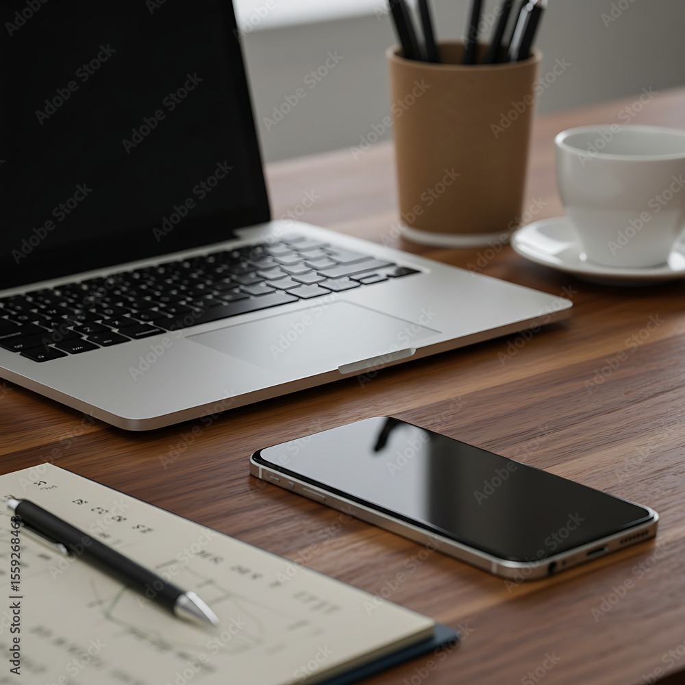 Modern workspace with a laptop, smartphone, and coffee on a wooden desk. Concept of business, remote work, home office, productivity, and studying.
Modern workspace with a laptop, smartphone, and coffee on a wooden desk. Concept of business, remote work, home office, productivity, and studying.