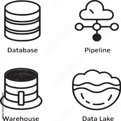 Illustration showing database pipeline warehouse and data lake icons on a white background square