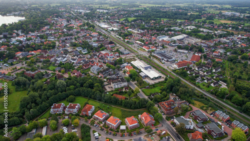 Aerial view of the old town of the city Bad Zwischenahn in Germany on an sunny spring noon