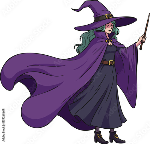 Witch casting magic with wand wearing purple cloak and hat fantasy character vector illustration