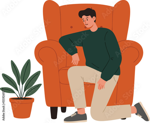 Young man kneeling beside orange armchair with green plant in pot indoor vector illustration
