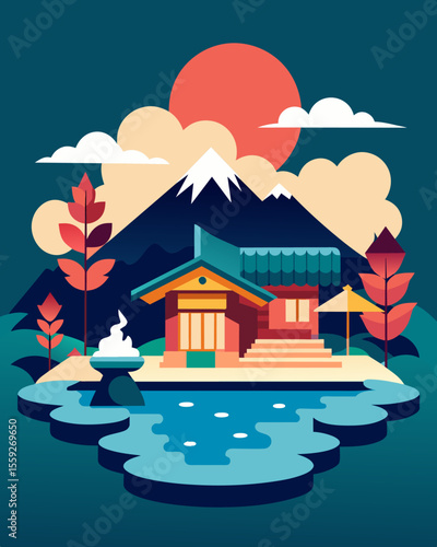 The ryokans onsite onsen offers the perfect way to unwind after a day of remote work providing a balance between work and relaxation.. Vector illustration