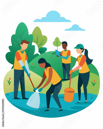 A group of volunteers removing trash and debris from a damaged riverbank working towards restoring the water quality and preserving the health of the surrounding ecosystems.. Vector illustration