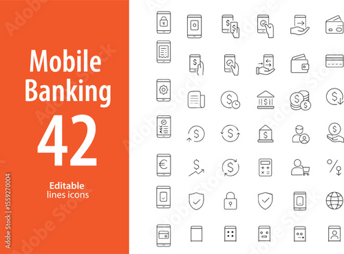 Mobile Banking Line Icons, Online Payment, Balance, Transaction History, Bank App, QR Code, Card, and More , Editable Formats: AI, EPS, JPG, PNG , Ideal for Both Digital and Print Use

