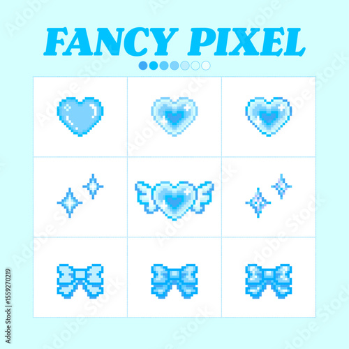 Blue Pixel Art Icon Set – Cute Pastel Game Assets | Y2K Style ハート リボン ドット絵アイコンセット ファンシー キュート ポップ ピクセル