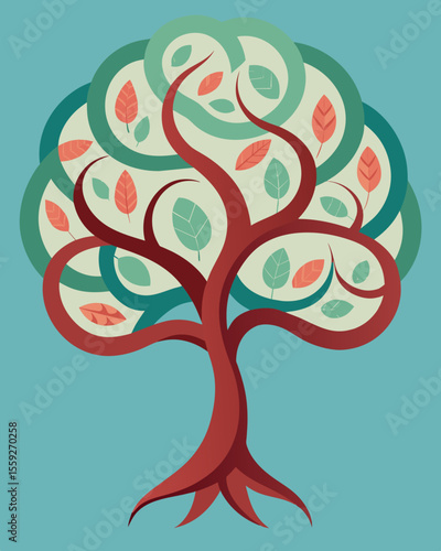 A twisted tree with branches intertwined and overlapping symbolizing the interconnectedness of different memories and thoughts in the brain.. Vector illustration
