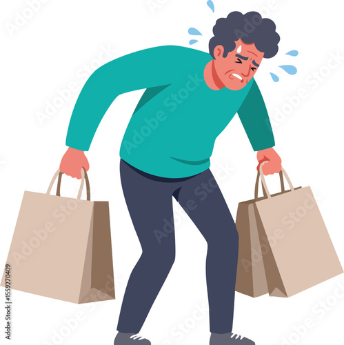 Man carrying heavy shopping bags struggling with weight and physical effort vector illustration