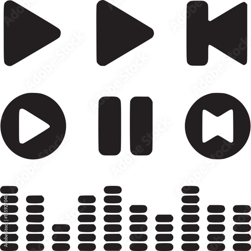 A graphic representation of media player controls including play pause rewind and volume bars displayed