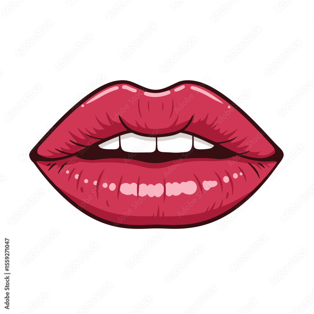 Obraz premium Colorful vector illustration of glossy red lips with white teeth, make-up and fashion pop art image, skincare and healthy smile concept