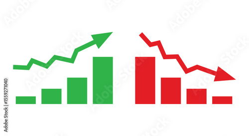 Graph going Up and Down sign with green and red arrows vector. Flat design vector illustration concept of sales bar chart symbol icon with arrow moving down and sales bar chart with arrow moving up.