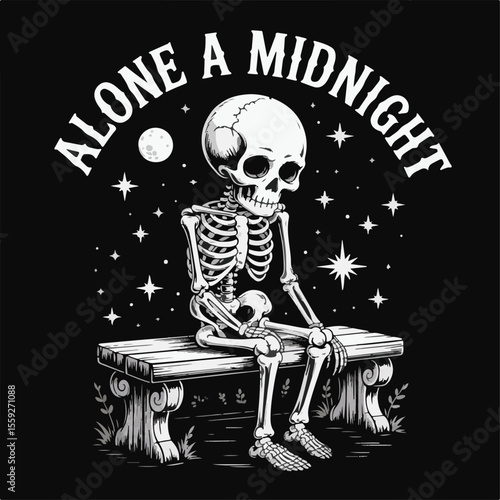 Alone skeleton sitting on bench under starry night sky stars moon