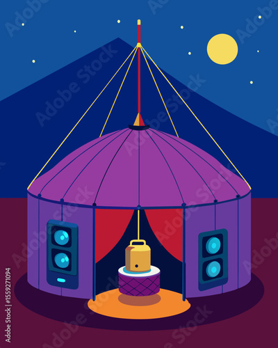 Inside the traditional yurt a plastic device hummed quietly as it streamed music through its speakers and cast a faint glow around the room.. Vector illustration