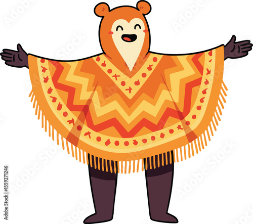 Bear character wearing colorful orange poncho with zigzag pattern and fringe joyful expression vector illustration