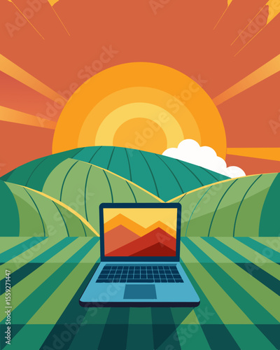 The suns warm rays envelop a laptop as it sits on a hilltop overlooking a vast sea of tea plants.. Vector illustration
