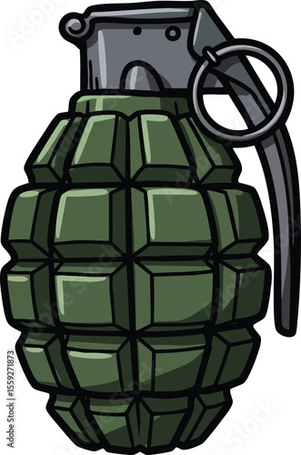 Hand grenade military weapon explosive device illustration in green colour with safety pin and lever vector art