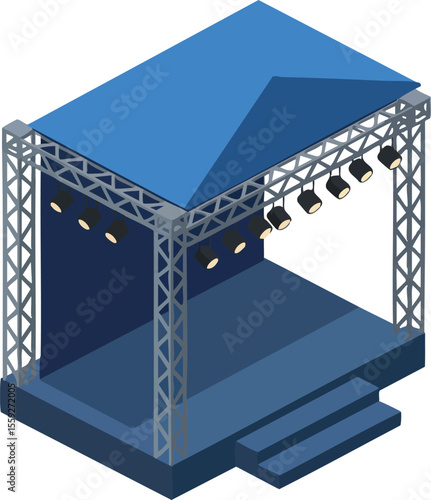 Outdoor blue stage platform with lighting truss and stairs for event performance vector design