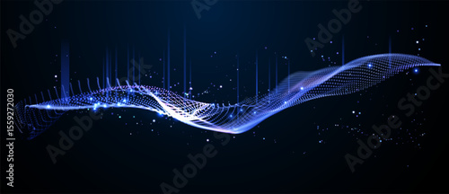Wavy field of shining data particles in space. Abstract concept represents database, blockchain network, AI learning cloud, digtal network. Perfect for tech presentations